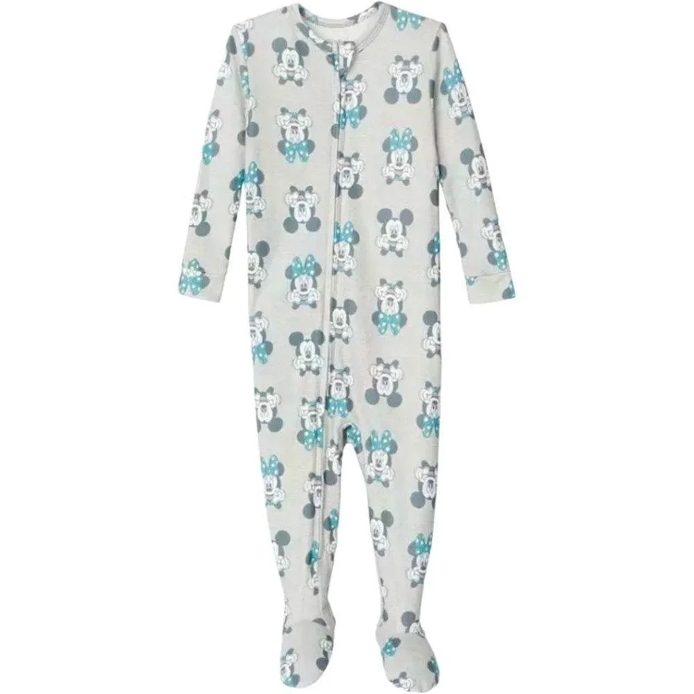 Disney Mickey Minnie Mouse 2 Pack Footed Sleeper Pajamas‎ White Gray 18M New!
